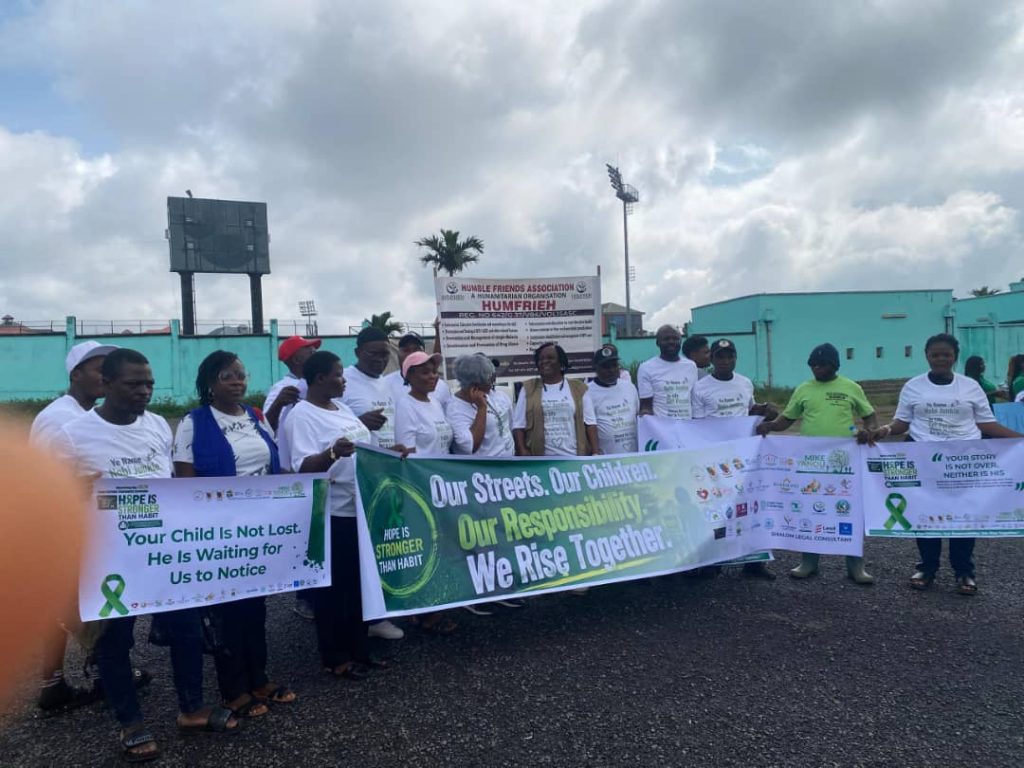HUMFRIEH staff, partners, and community members participating in a drug abuse awareness in cameroon walk from Mile 16 to Molyko Omnisport Stadium in Buea, Cameroon, on 26 June 2026.
